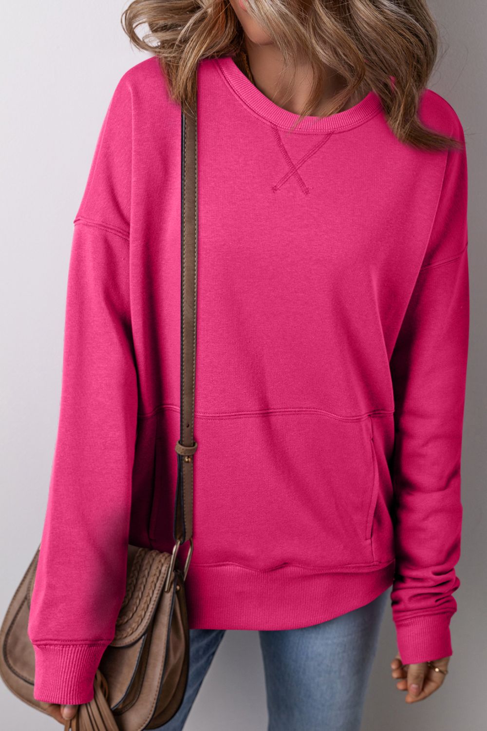 Solid Color Round Neck Long Sleeve Sweatshirt - Charming Charlie
