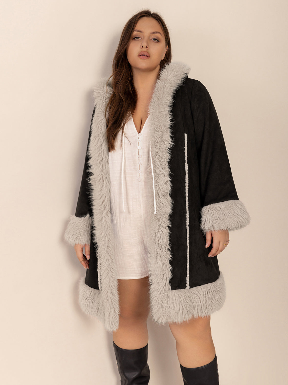 Plus Size Fuzzy Trim Open Front Long Sleeve Hooded Coat - Charming Charlie