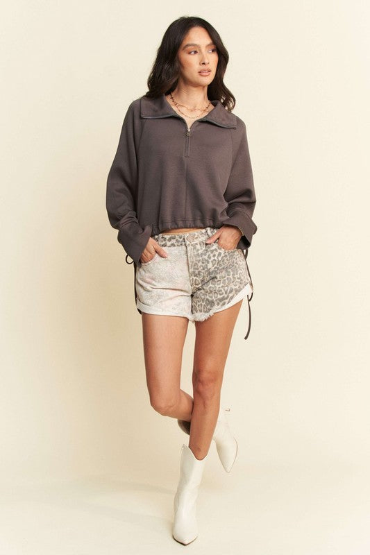 Davi & Dani Drawstring Hem Half Zip Raglan Sleeve Sweatshirt - Charming Charlie