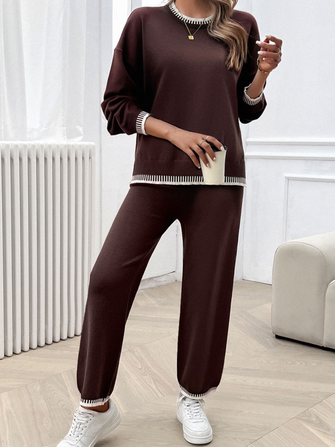 Round Neck Dropped Shoulder Top and Pants Sweater Set - Charming Charlie