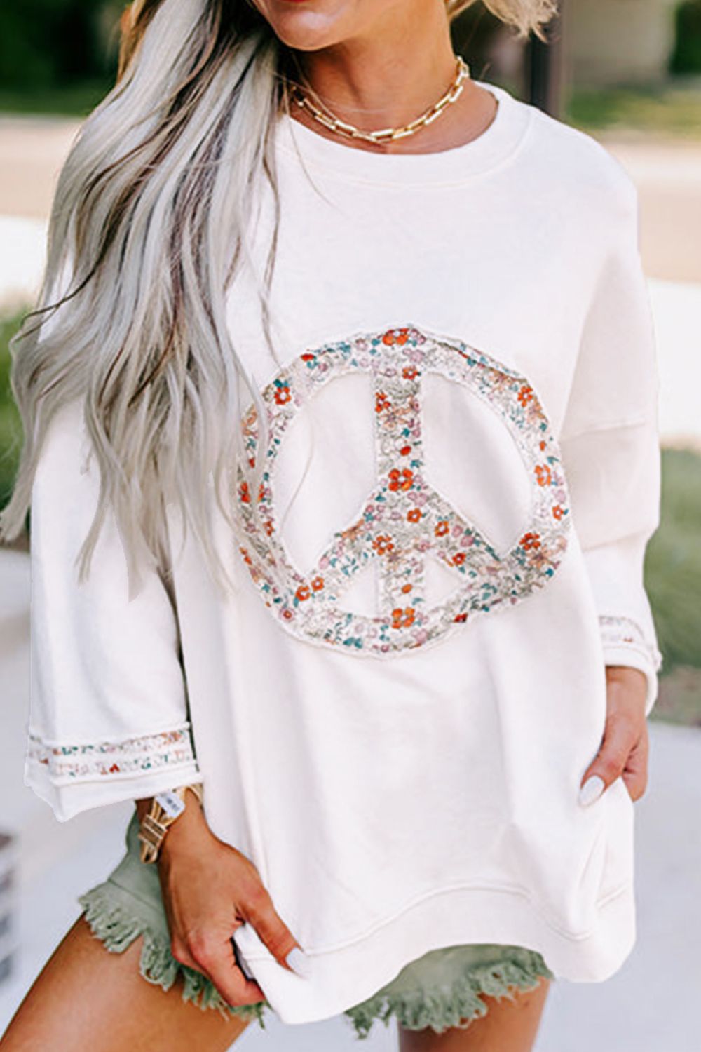 Peace Patch Round Neck Long Sleeve Top - Charming Charlie
