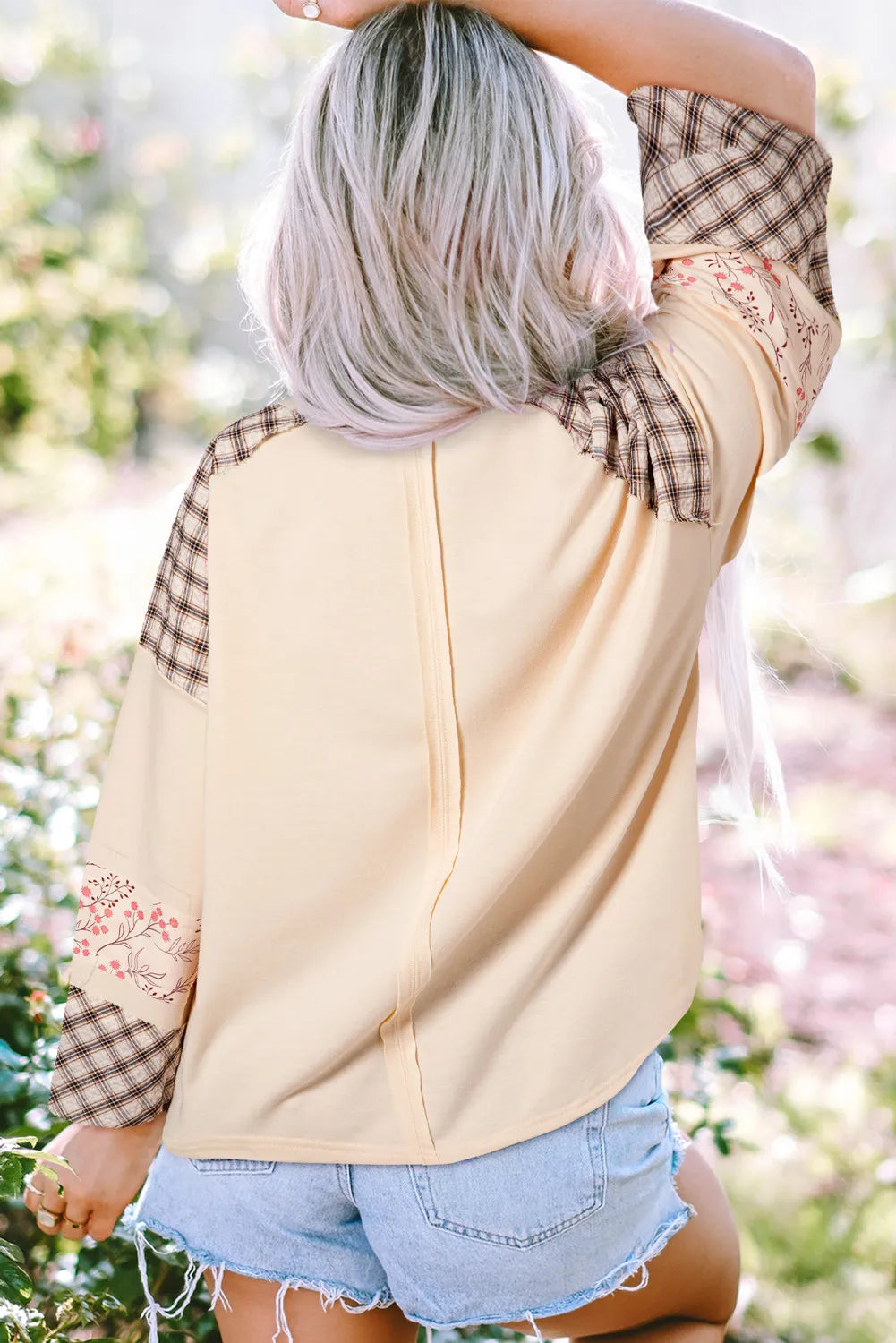 Heart Plaid Round Neck Long Sleeve Blouse - Charming Charlie