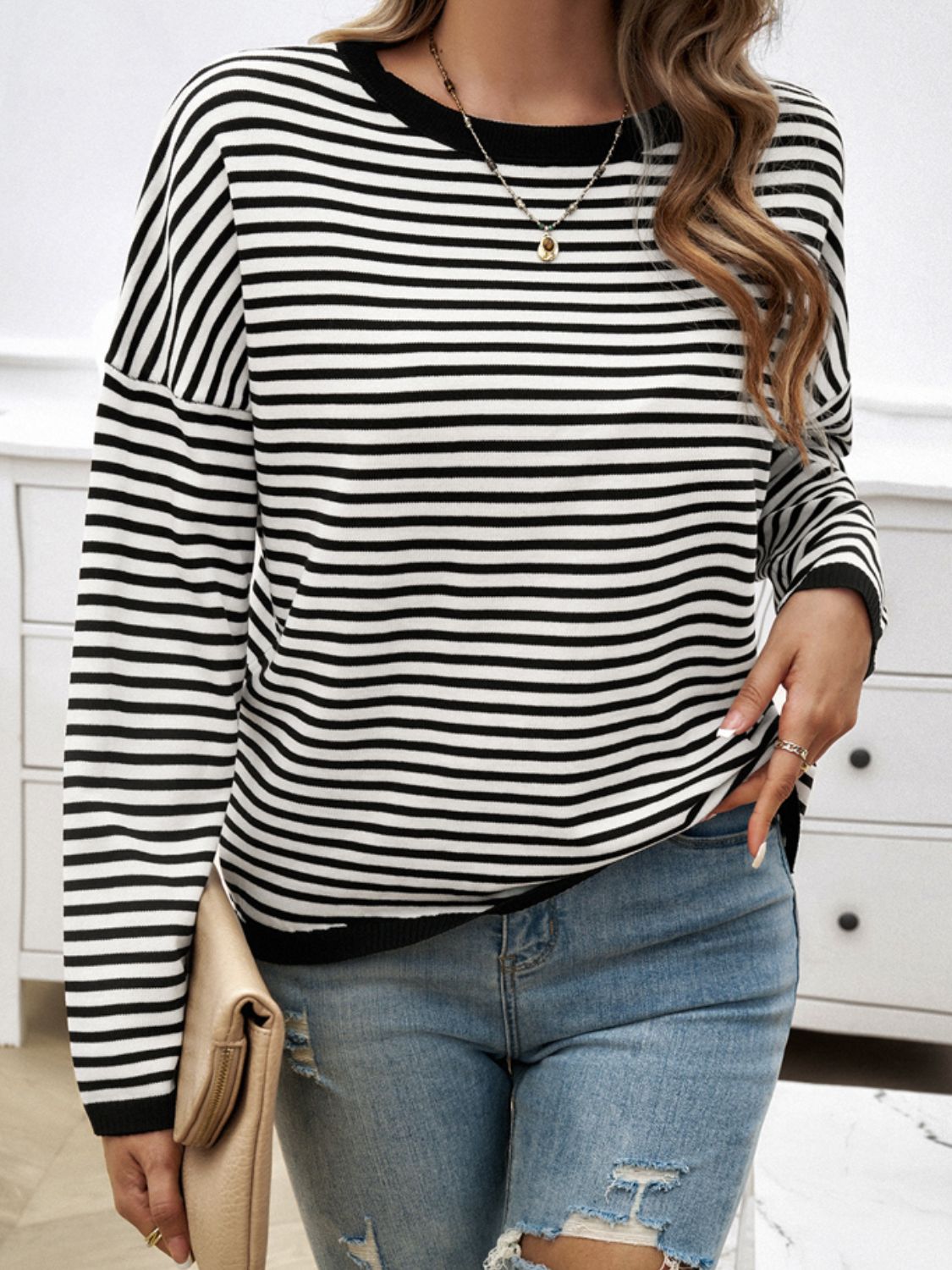 Striped Round Neck Dropped Shoulder Sweater - Charming Charlie