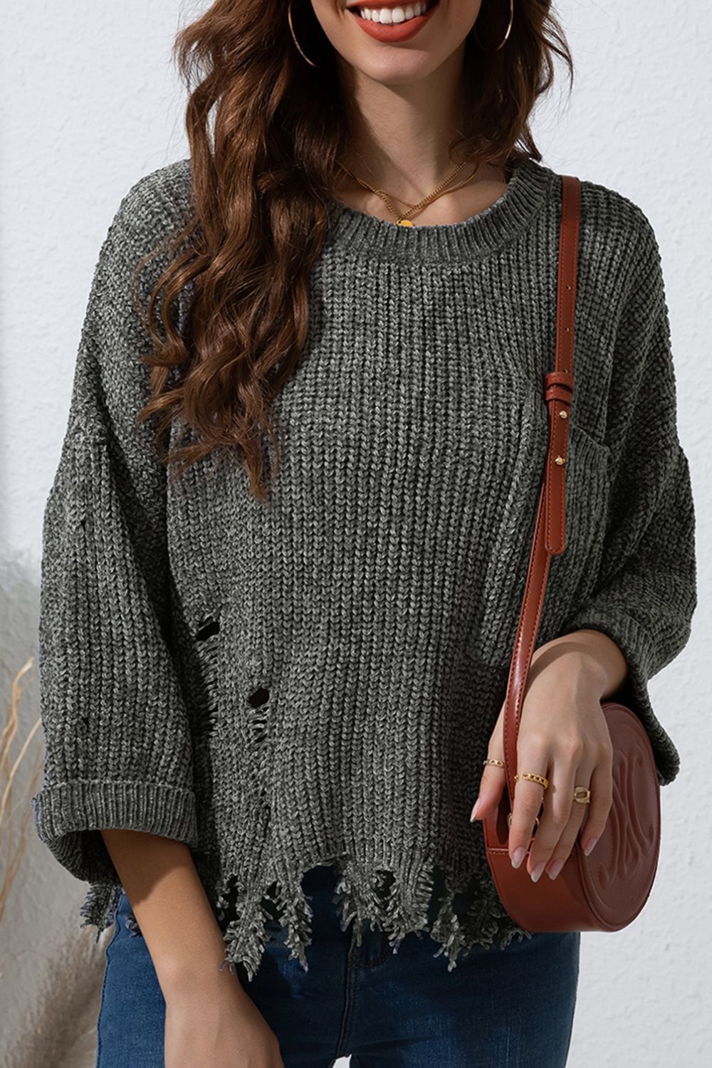 Distressed Round Neck Drop Shoulder Sweater - Charming Charlie