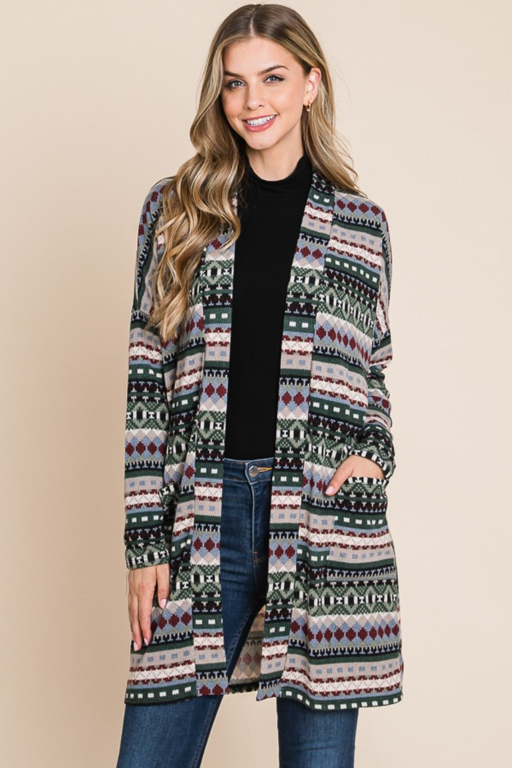 BOMBOM Geometric Open Front Long Sleeve Cardigan with Pockets - Charming Charlie