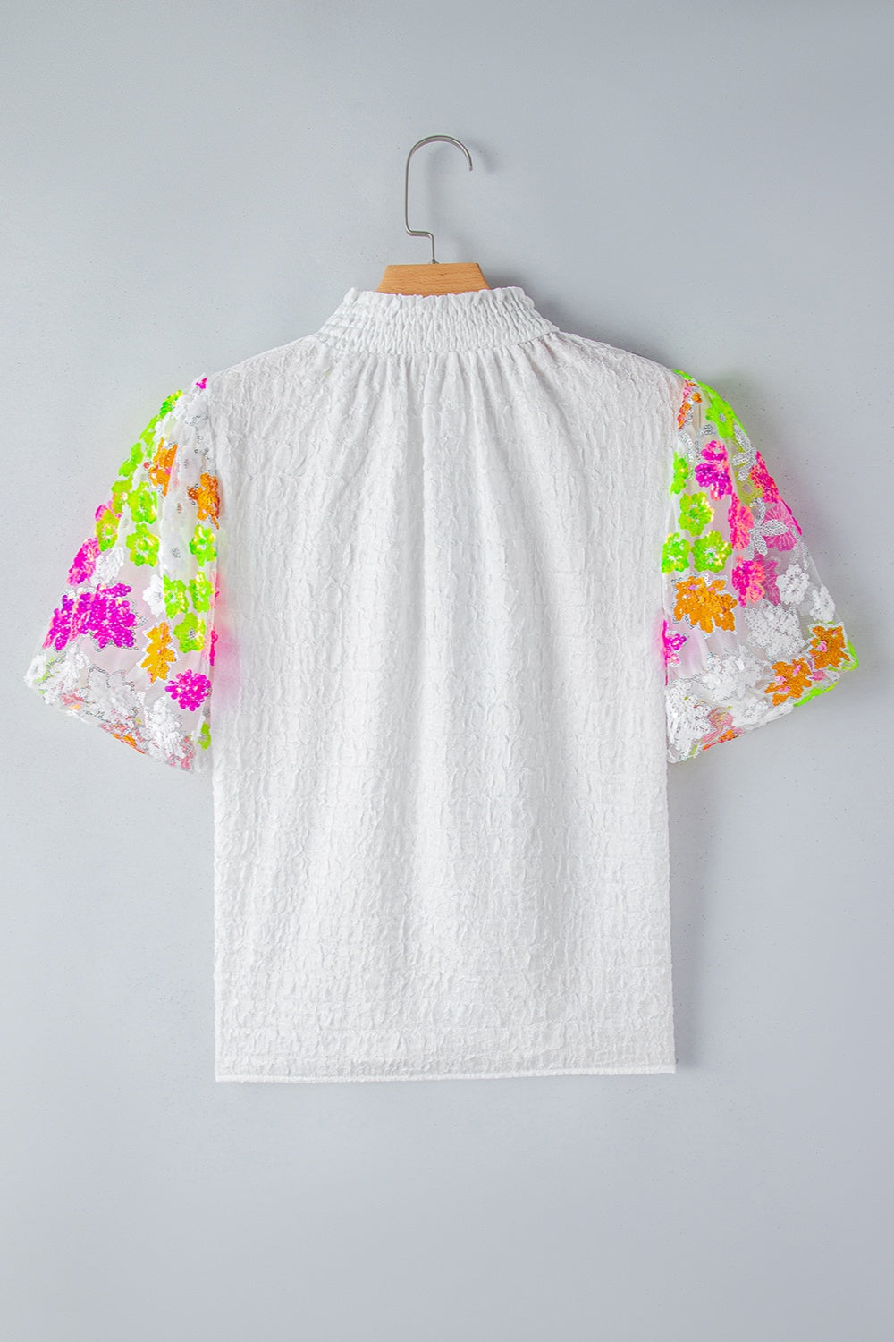 Sequin Flower Mock Neck Half Sleeve Blouse - Charming Charlie