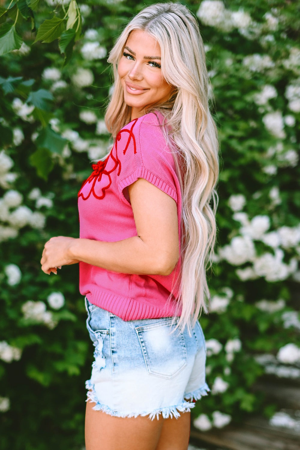 Crochet Flower Round Neck Cap Sleeve Sweater - Charming Charlie