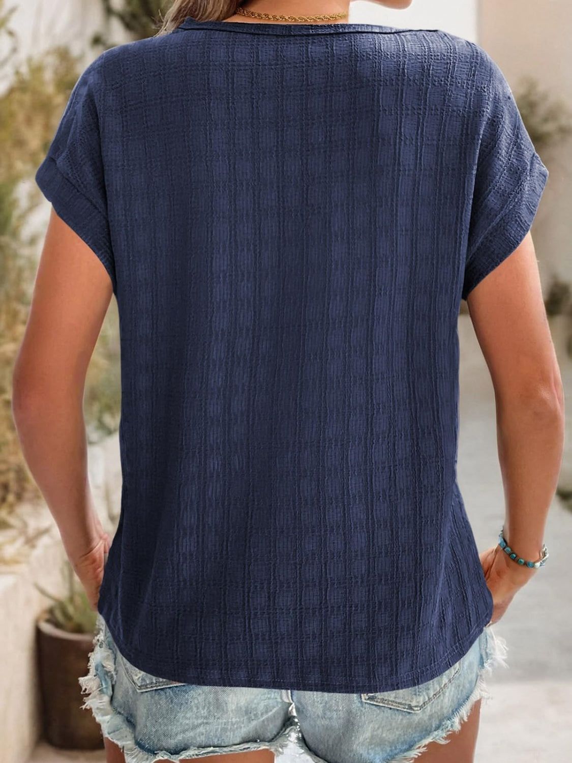 Textured Round Neck Short Sleeve Top - Charming Charlie