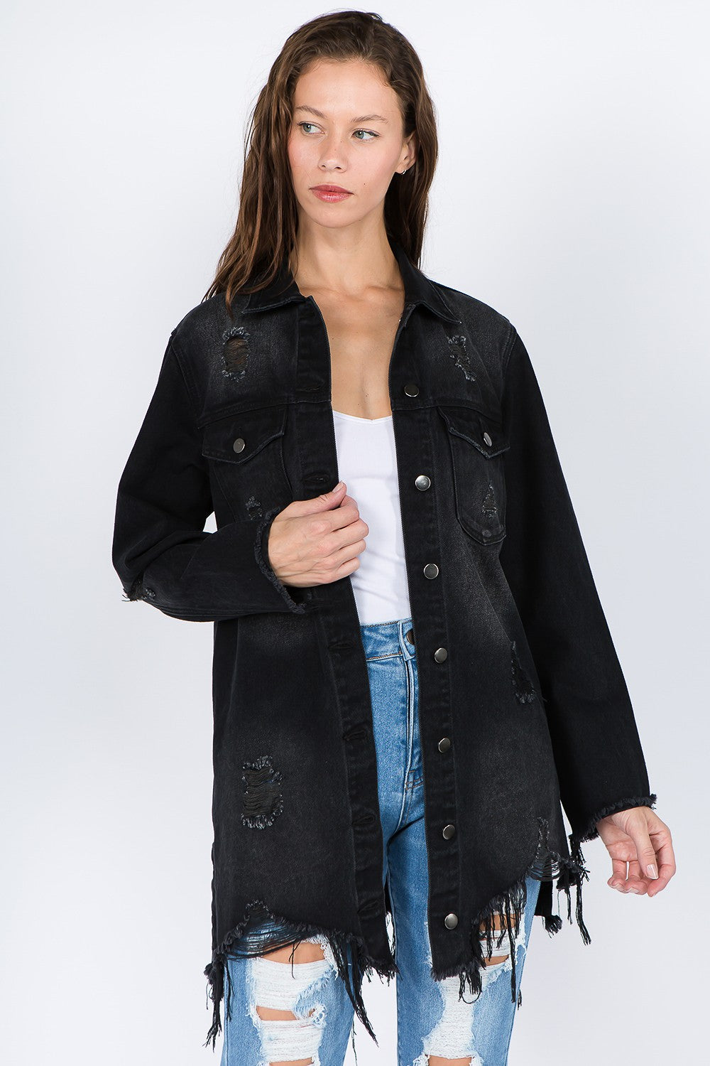 American Bazi Distressed Frayed Hem Denim Jacket - Charming Charlie