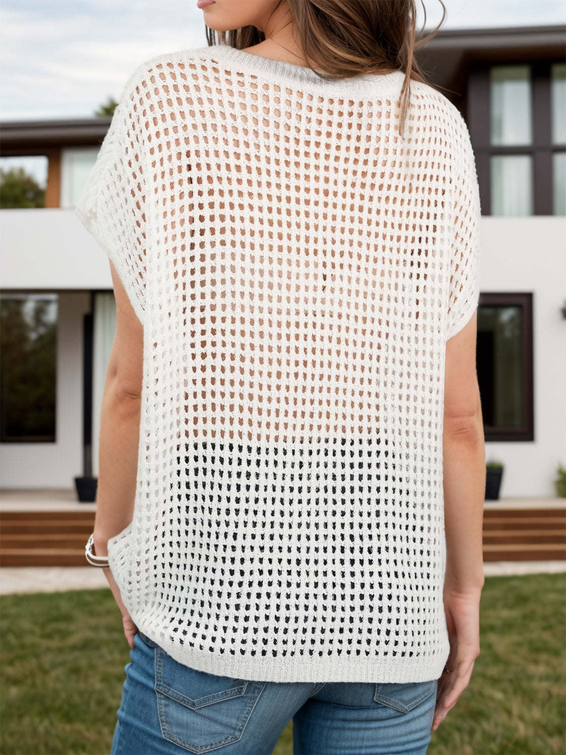Openwork Round Neck Short Sleeve Cover-Up - Charming Charlie