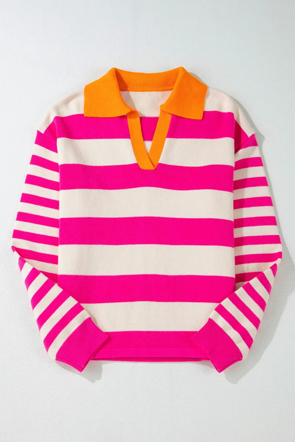 Contrast Stripes Johnny Collar Long Sleeve Sweater - Charming Charlie