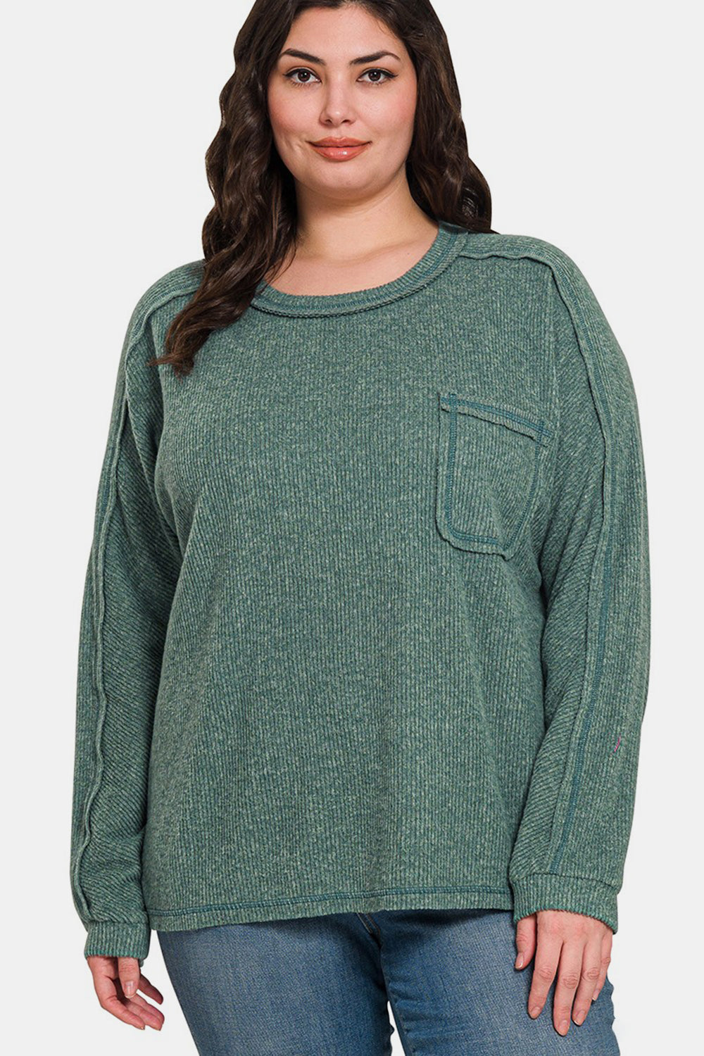Zenana Full Size Contrast Stitching Brushed Ribbed Hacci Knit Top - Charming Charlie