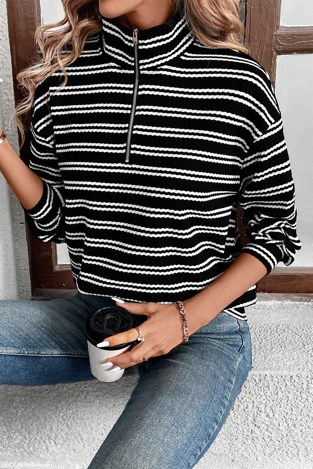 Striped Half Zip Long Sleeve Top - Charming Charlie