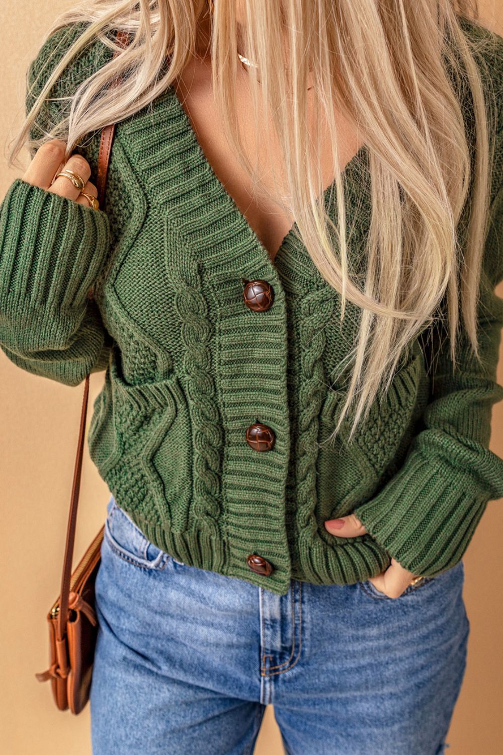 Cable-Knit Button Down V-Neck Cardigan - Charming Charlie