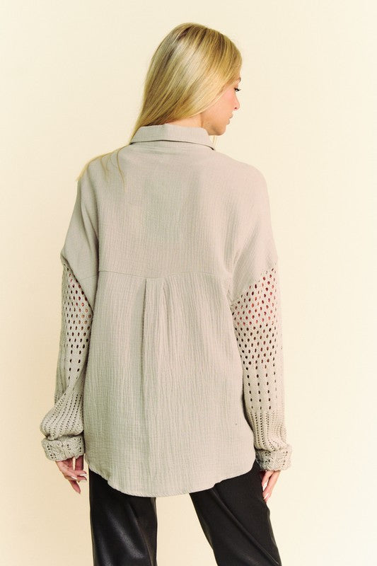 Davi & Dani Crochet Sleeve Crinkled Texture Shirt - Charming Charlie