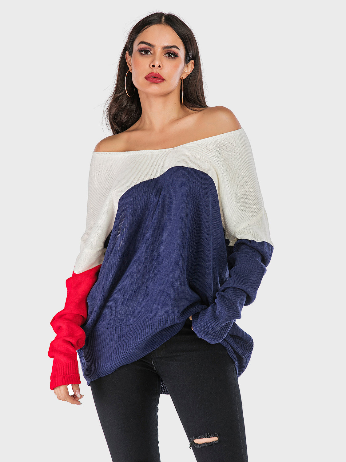 Perfee Contrast V-Neck Long Sleeve Knit Top - Charming Charlie