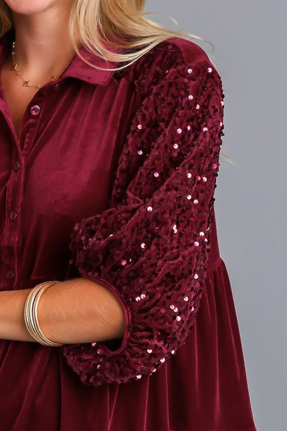 Umgee Sequin Detail Tiered Back Half Sleeve Shirt - Charming Charlie