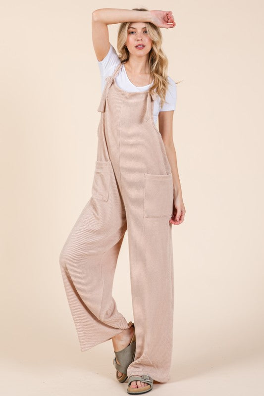 BOMBOM Knot Straps Wide Leg Ribbed Overalls with Pockets - Charming Charlie