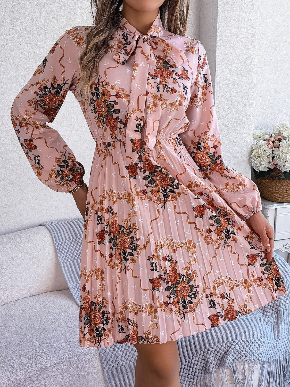 Pleated Printed Tie Neck Long Sleeve Dress - Charming Charlie