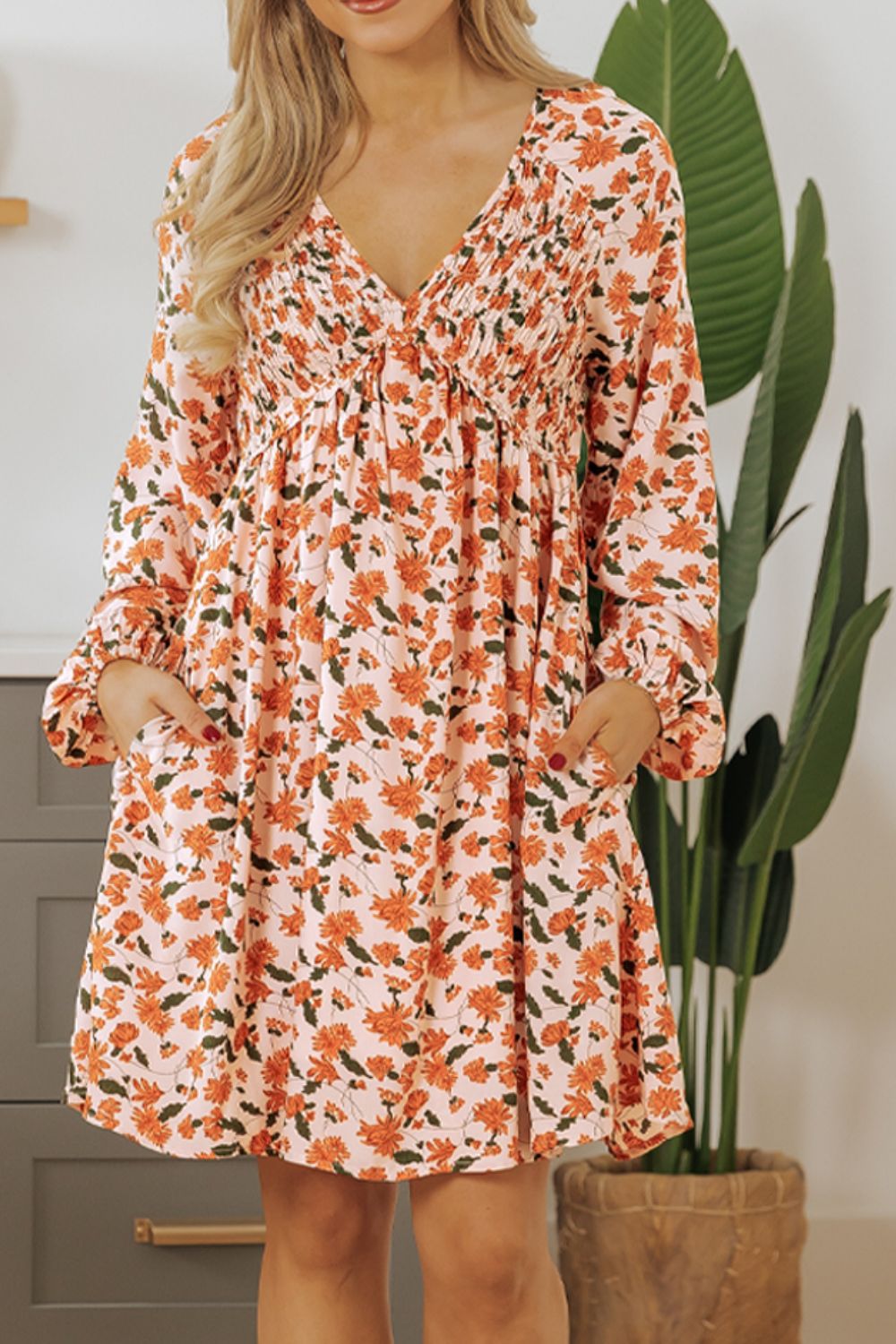 Smocked Printed V-Neck Long Sleeve Dress - Charming Charlie