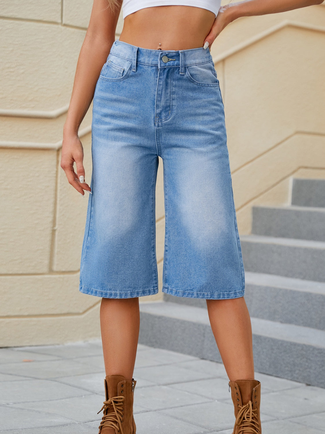 High Waist Denim Shorts with Pockets - Charming Charlie