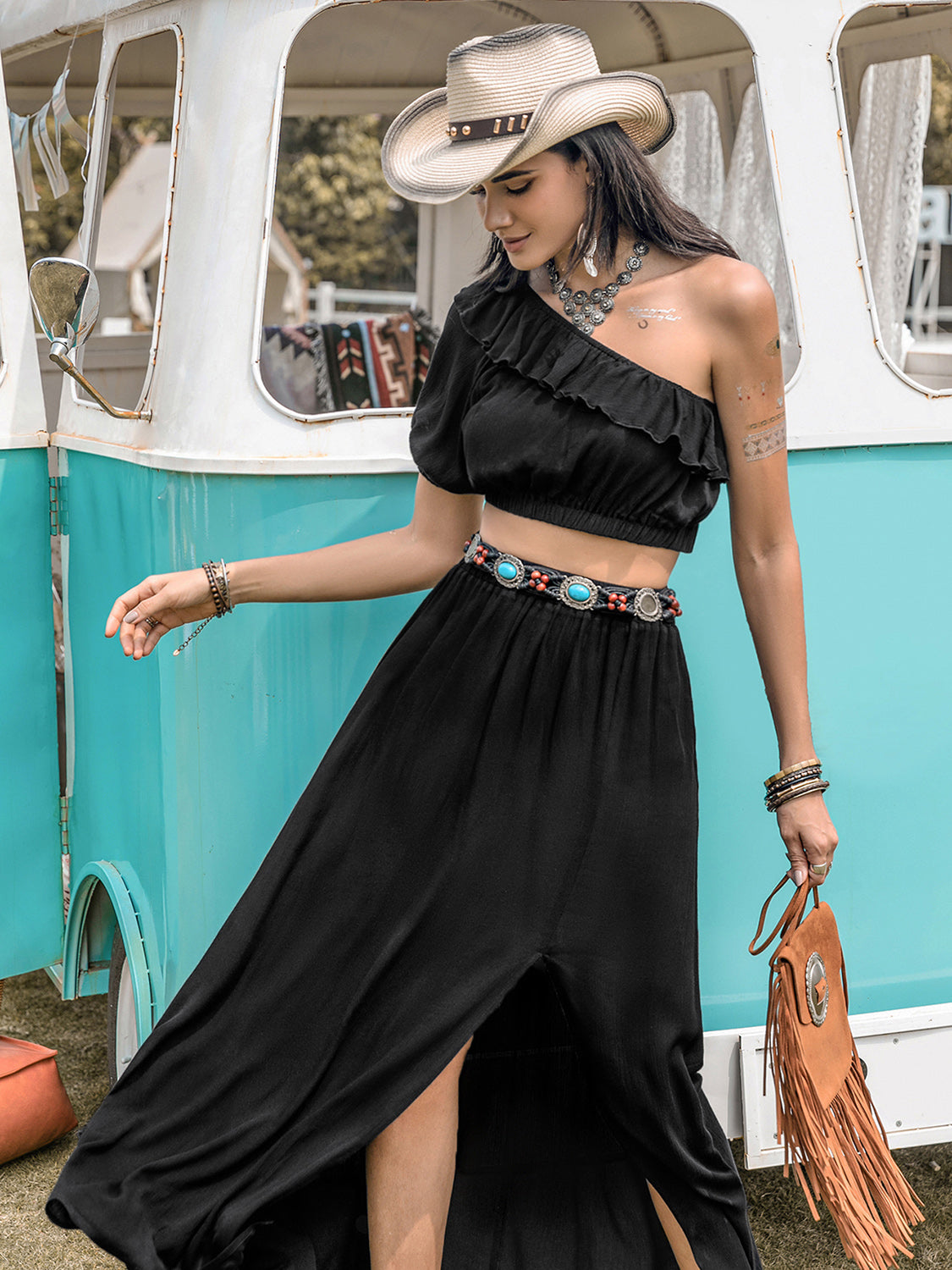 Ruffled Single Shoulder Top and Slit Skirt Set - Charming Charlie