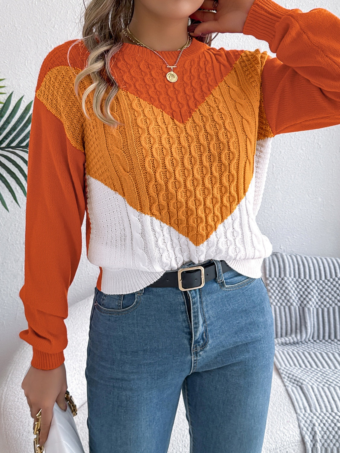 Contrast Round Neck Long Sleeve Sweater - Charming Charlie