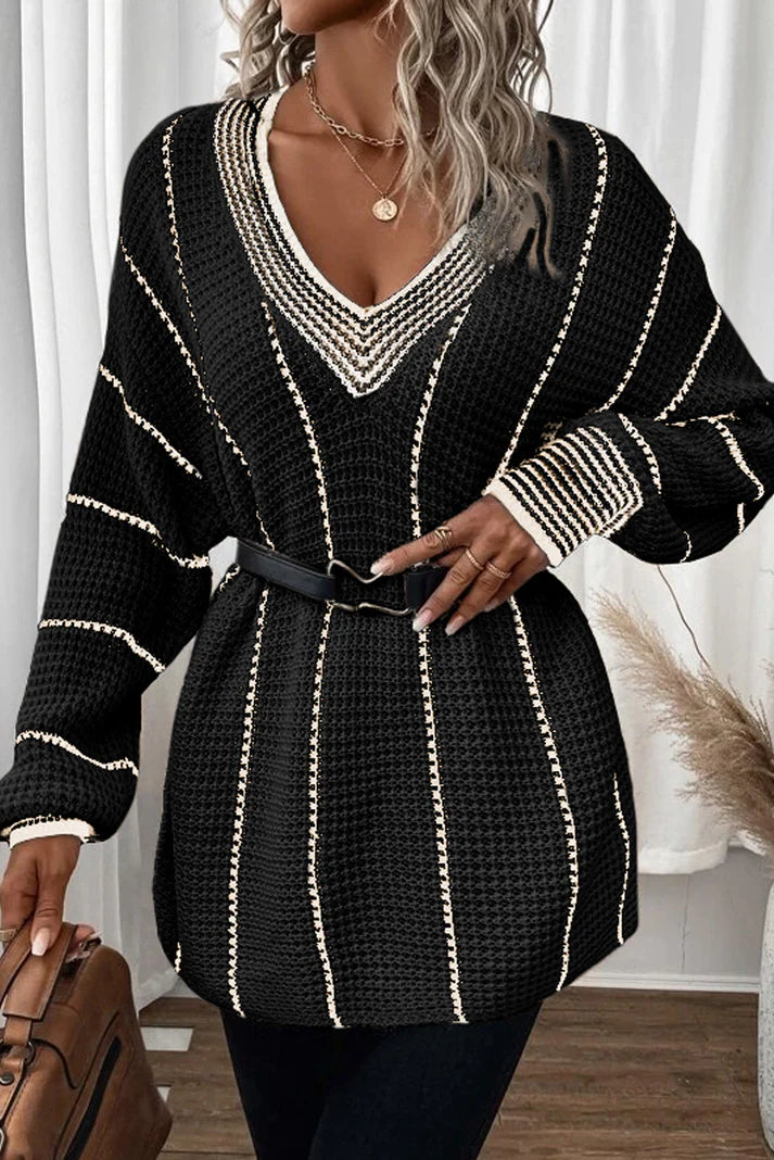 Striped V-Neck Long Sleeve Sweater - Charming Charlie