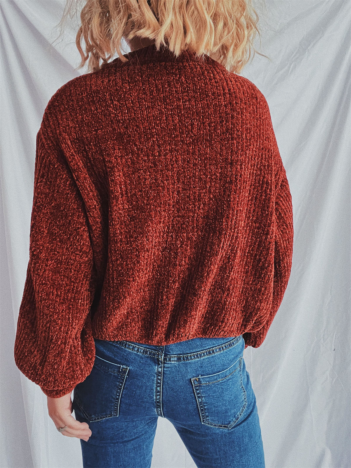 Round Neck Dropped Shoulder Long Sleeve Sweater - Charming Charlie