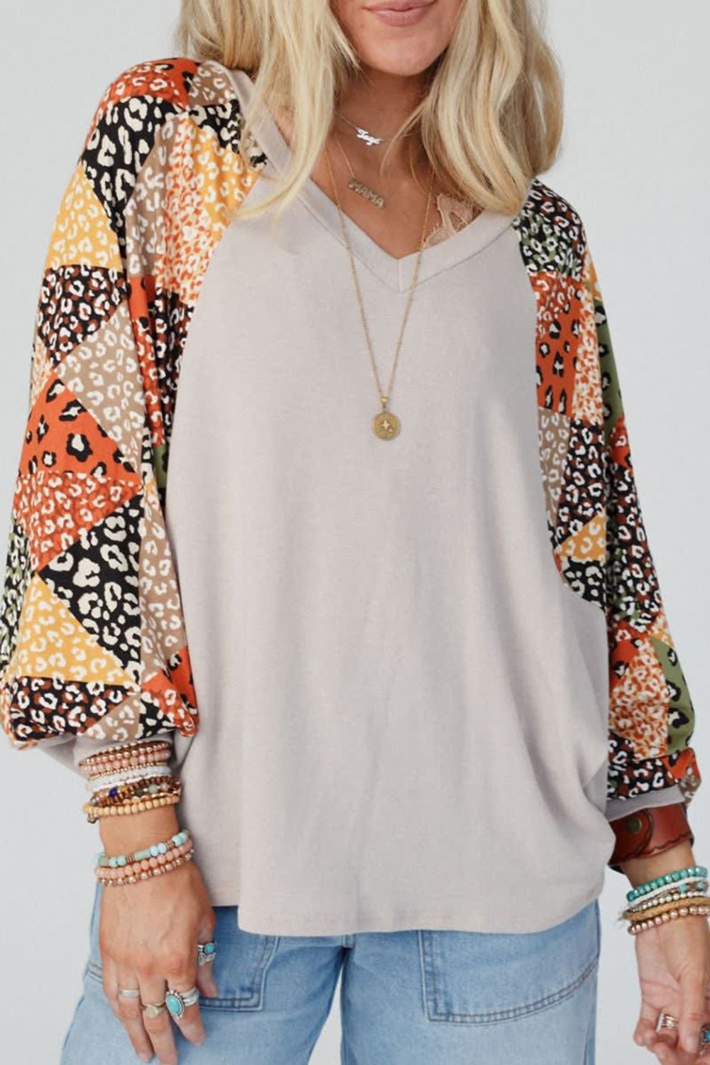 Leopard Contrast V-Neck Long Sleeve Blouse - Charming Charlie