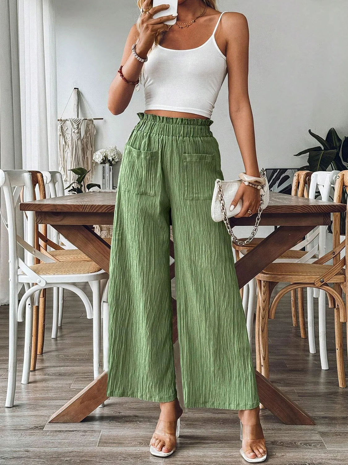 Pocketed Elastic Waist Wide Leg Pants - Charming Charlie