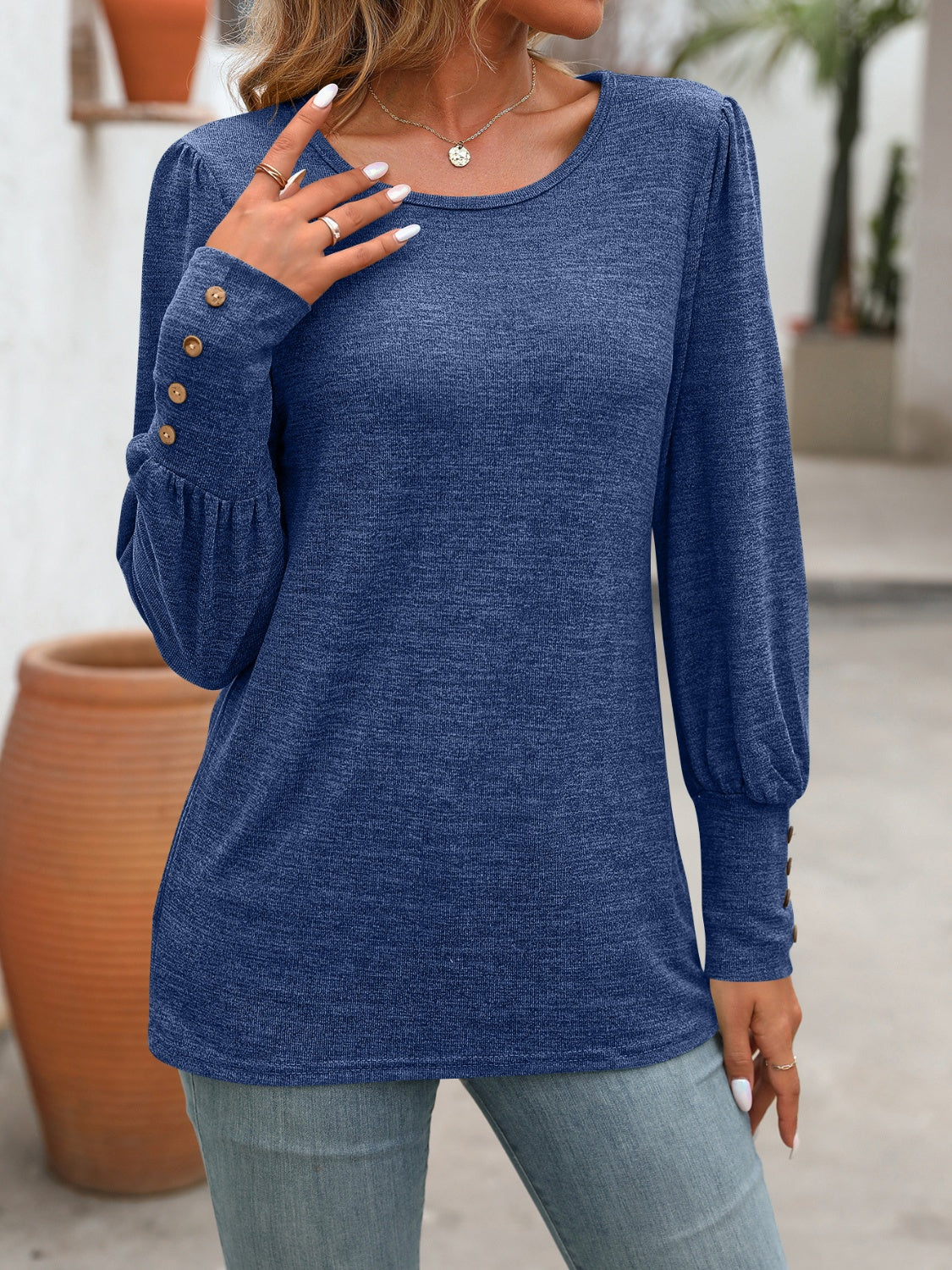 Decorative Button Round Neck Long Sleeve T-Shirt - Charming Charlie