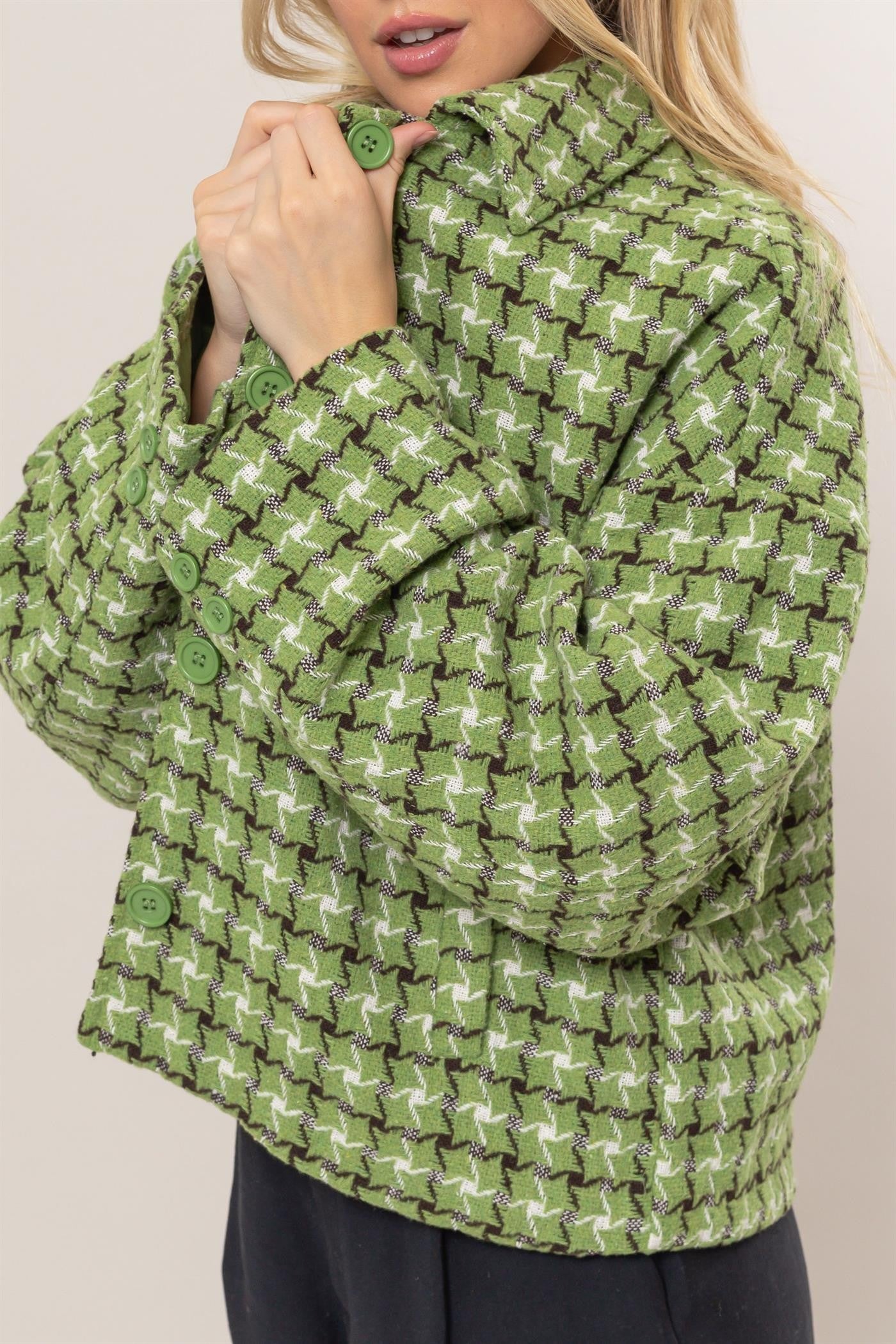HYFVE Tweed Plaid Button Up Collared Neck Jacket - Charming Charlie