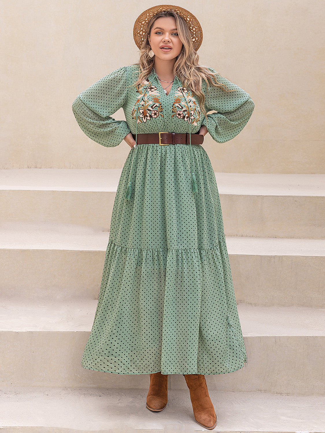 Plus Size Tassel Printed Tie Neck Long Sleeve Midi Dress - Charming Charlie