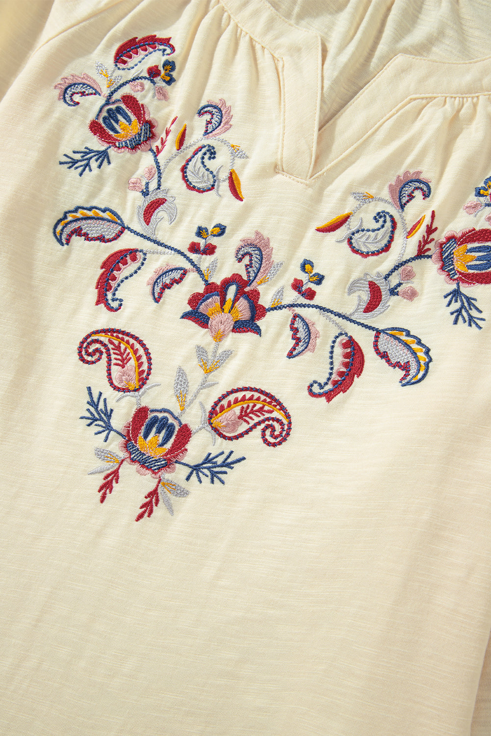 Embroidered Notched Long Sleeve Blouse - Charming Charlie