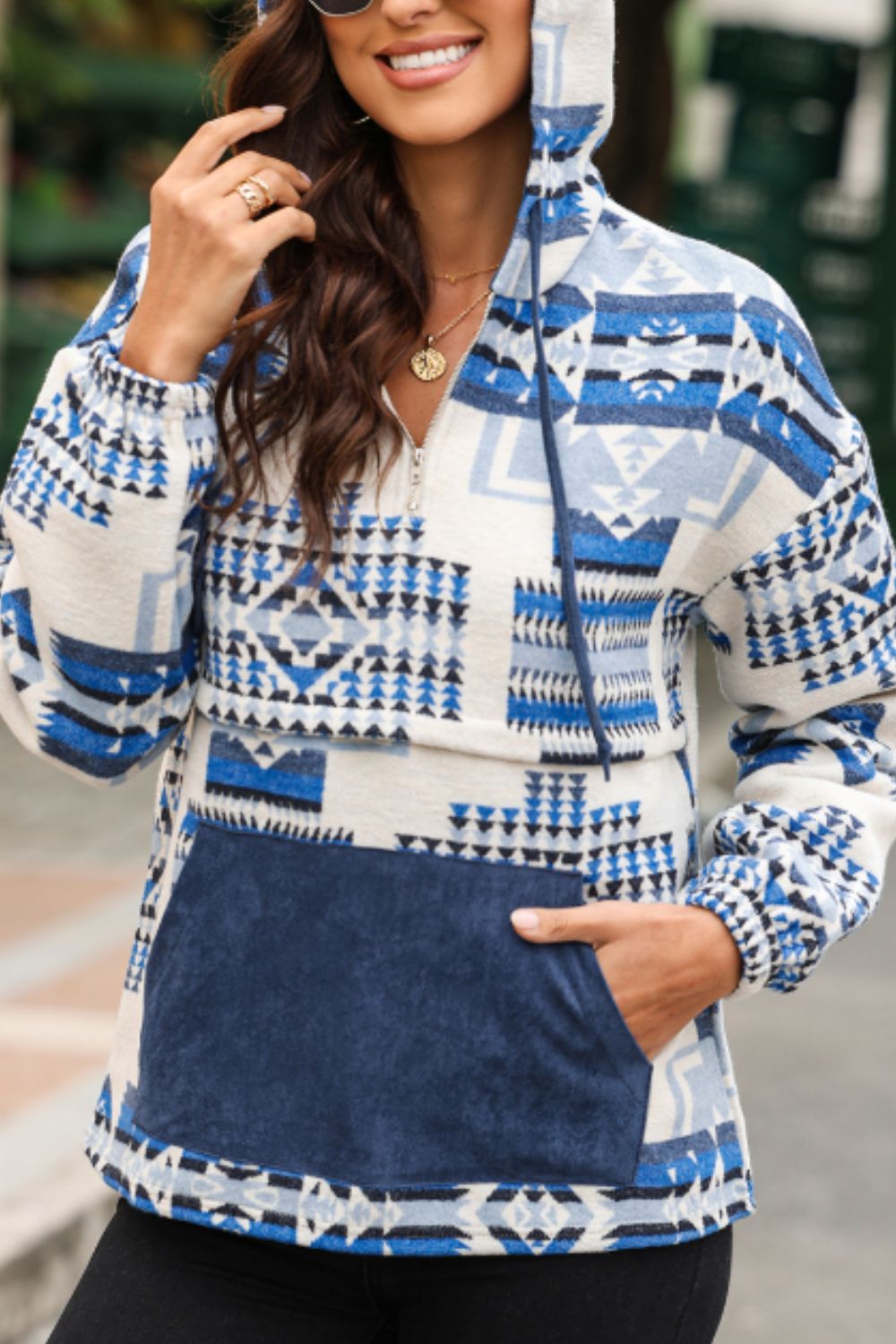 Geometric Quarter Zip Long Sleeve Hoodie - Charming Charlie