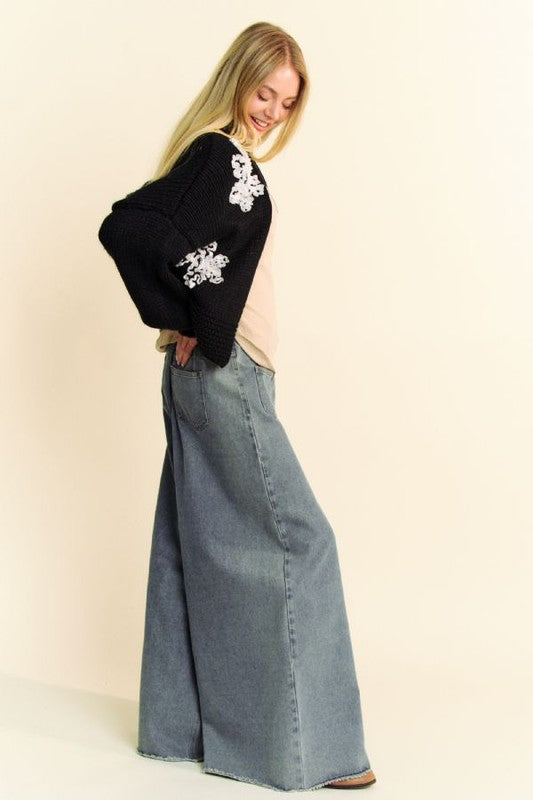 Davi & Dani Floral Applique Open Front Dropped Shoulder Cardigan - Charming Charlie