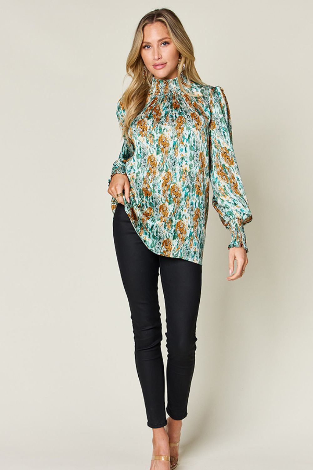 Double Take Full Size Printed Smocked Long Sleeve Blouse - Charming Charlie