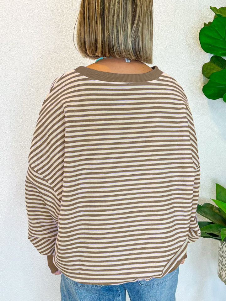 Striped Round Neck Long Sleeve Sweatshirt - Charming Charlie