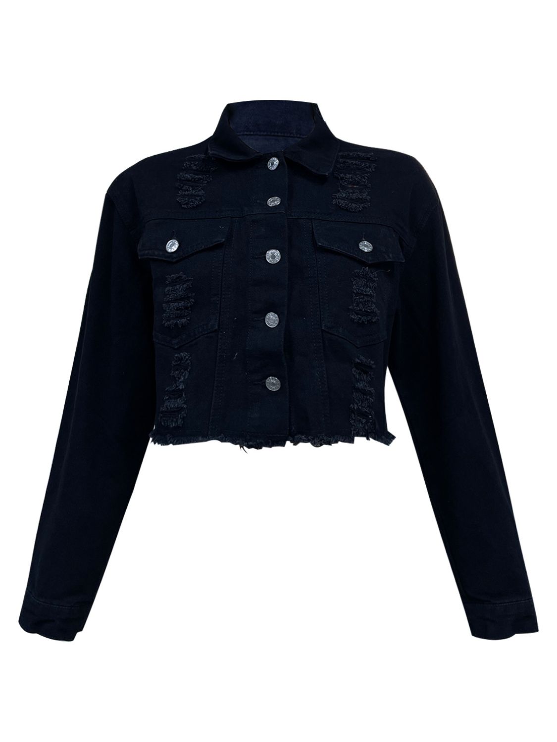 Distressed Collared Neck Long Sleeve Denim Top - Charming Charlie