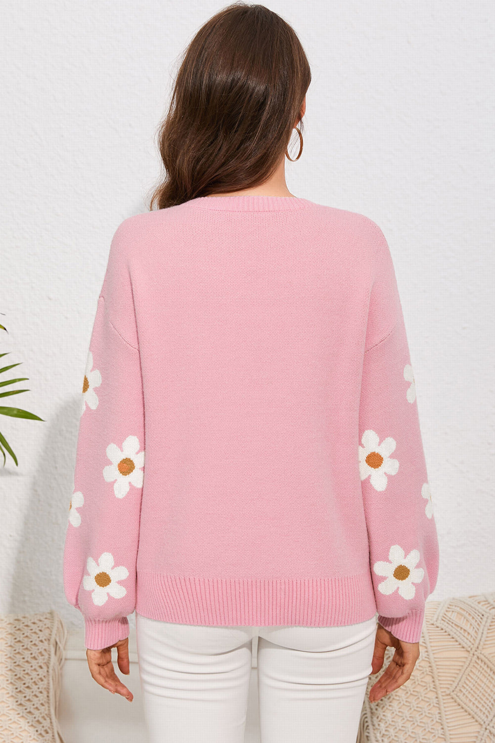 Flower Round Neck Dropped Shoulder Sweater - Charming Charlie