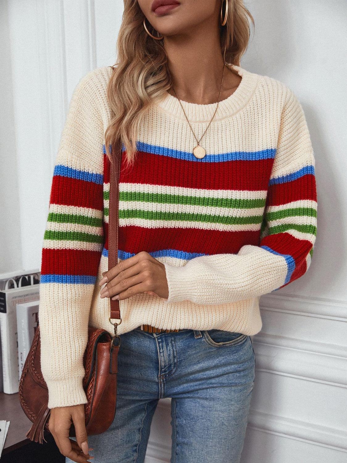 Contrast Stripes Round Neck Long Sleeve Sweater - Charming Charlie