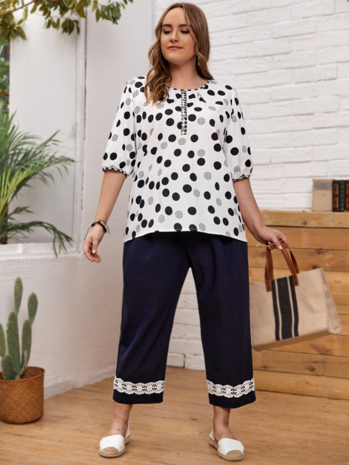 Plus Size Polka Dot Round Neck Half Sleeve Blouse - Charming Charlie