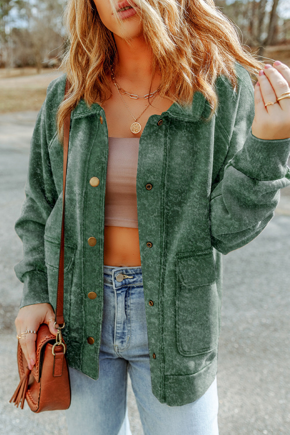 Snap Down Flap Pocket Long Sleeve Shacket - Charming Charlie