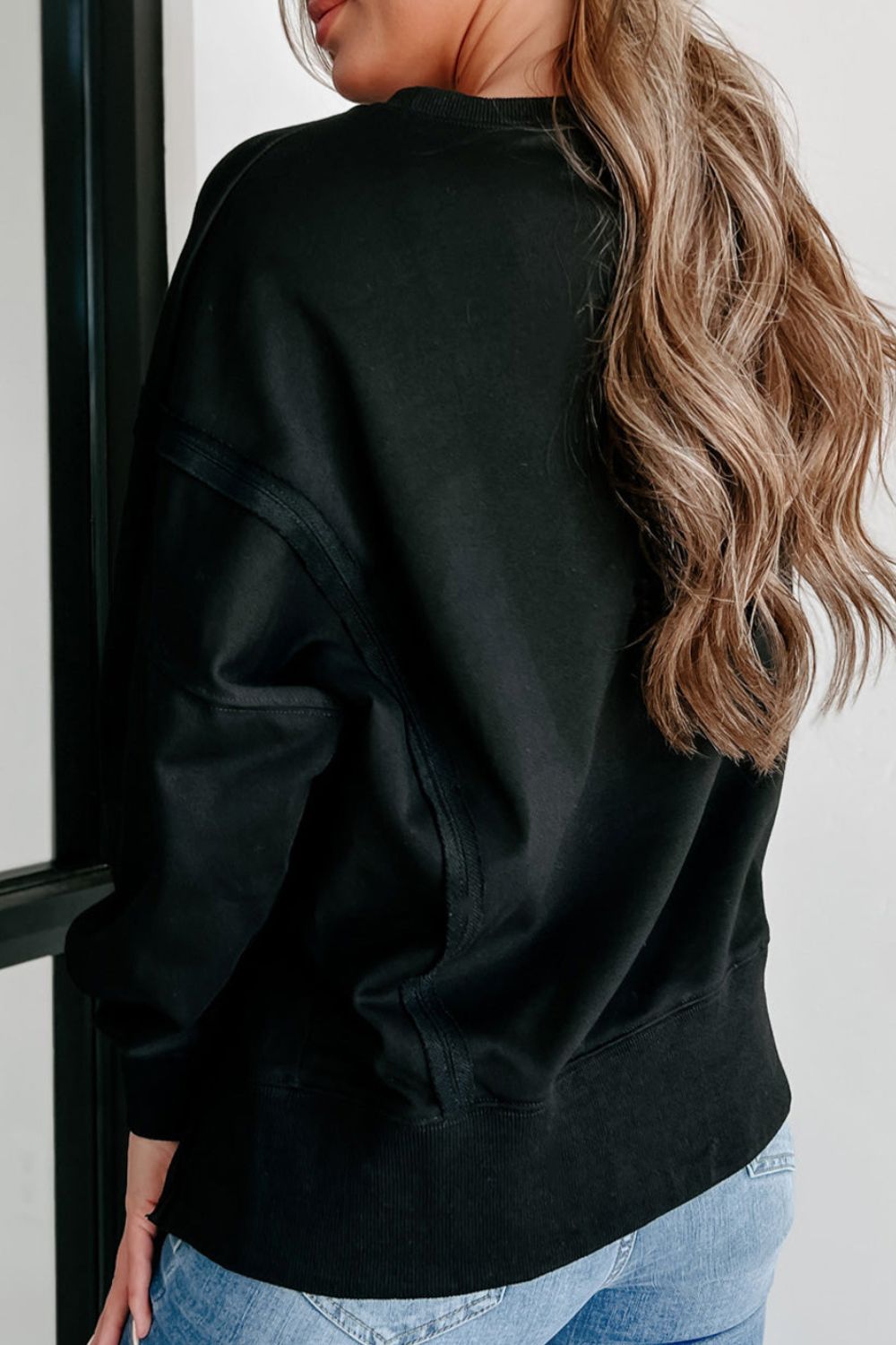 Side Slit Round Neck Long Sleeve Sweatshirt - Charming Charlie