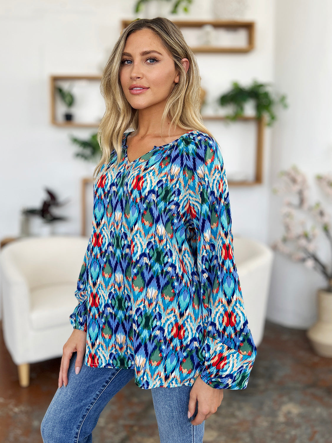 Double Take Full Size Printed Balloon Sleeve Blouse - Charming Charlie