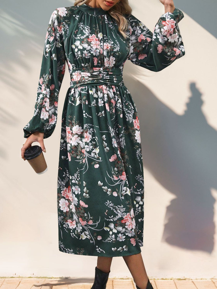Ruched Printed Mock Neck Long Sleeve Midi Dress Black Forest / XL