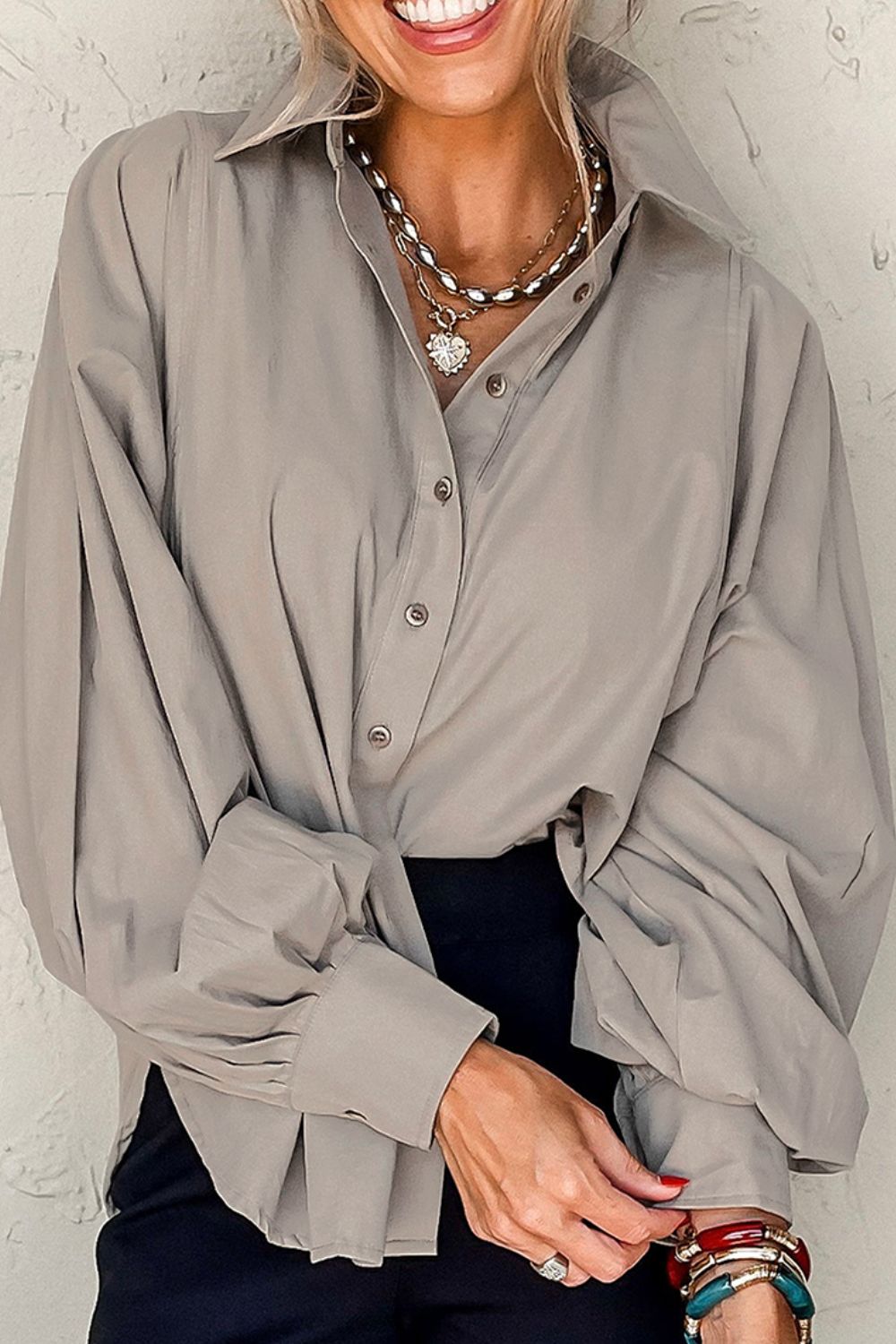 Button Down Collared Neck Long Sleeve Shirt - Charming Charlie