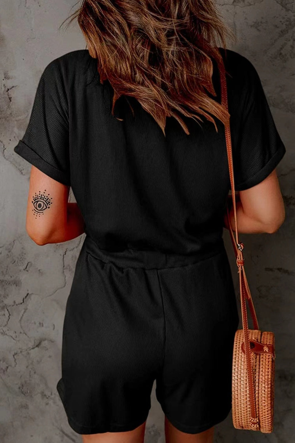 Full Size Drawstring V-Neck Short Sleeve Romper - Charming Charlie