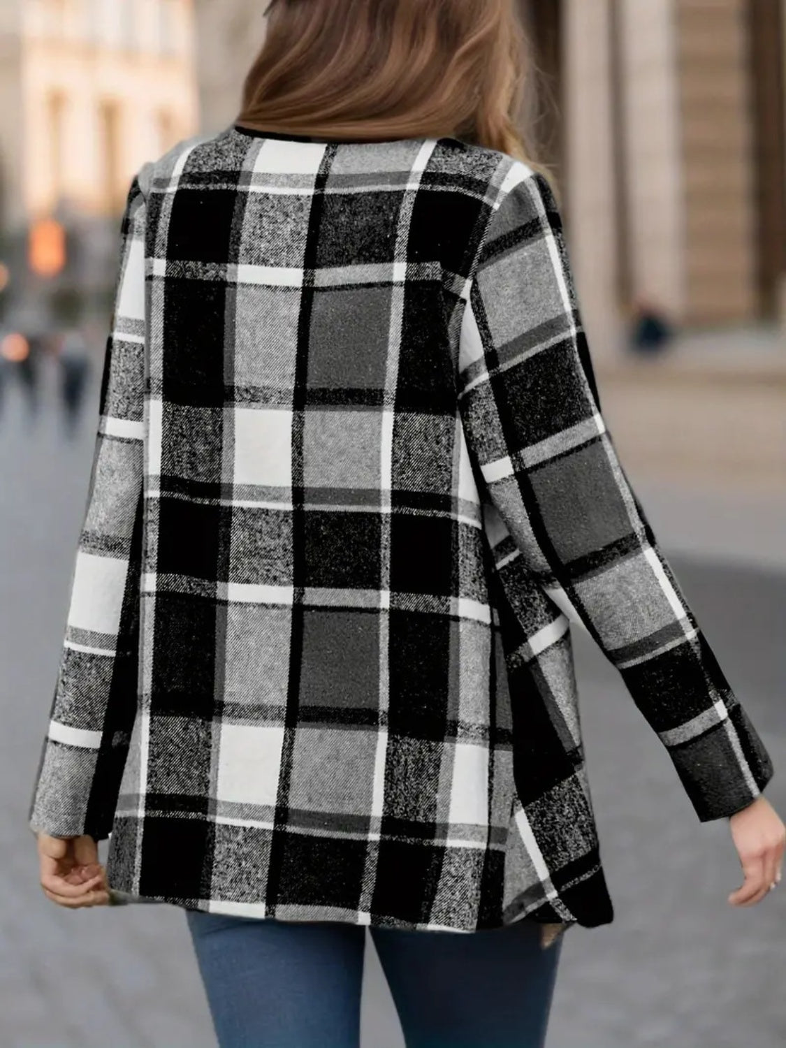Plaid Open Front Long Sleeve Jacket - Charming Charlie